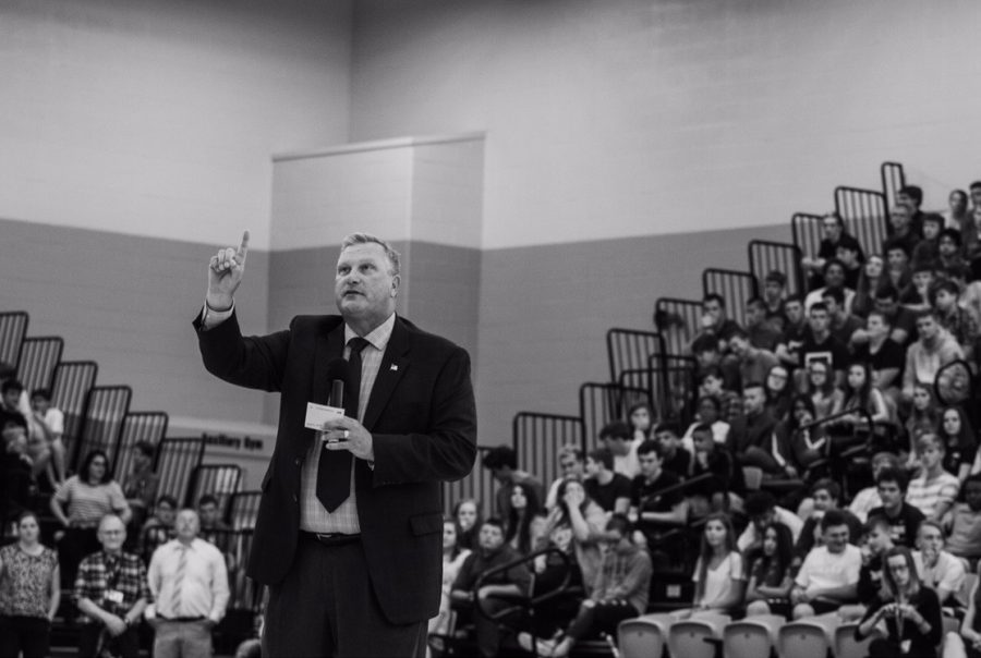 Mr. Jeff Fritchtnitch addresses the student body at the pep rally on day one. In his address, he talked about the cell phone policy and school spirit. 
