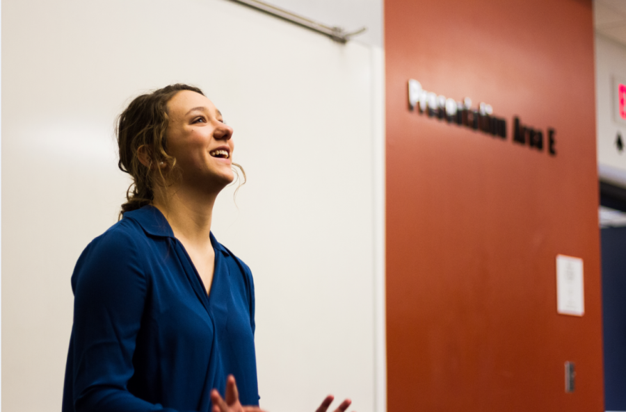 At a tournament MV hosted last year, Emma Bendersky, 20 presents a speech in presentation area E. 