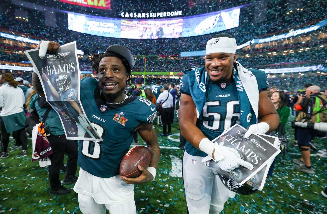 NEW ORLEANS, LOUISIANA - FEBRUARY 09: C.J. Gardner-Johnson #8 and Jalyx Hunt #58 of the Philadelphia Eagles celebrate after beating the Kansas City Chiefs 40-22 to win Super Bowl LIX at Caesars Superdome on February 09, 2025 in New Orleans, Louisiana. (Photo by Gregory Shamus/Getty Images)